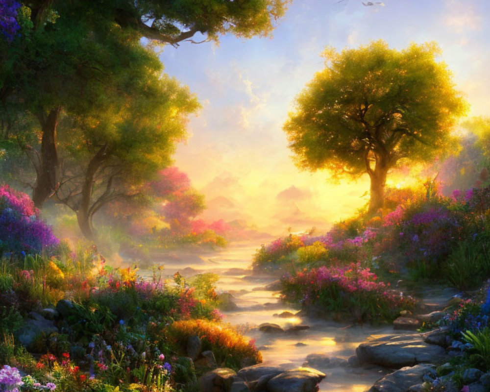 Tranquil Sunrise Landscape with Stream, Flowers, Trees, and Bird