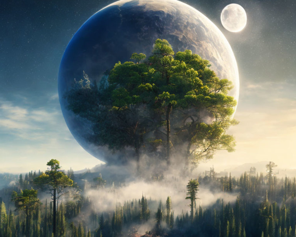 Fantastical landscape with forest, giant planet, moon, and dreamlike dawn