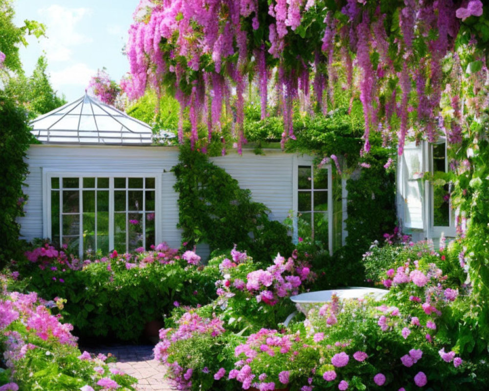 Vibrant pink blooms in lush garden with white greenhouse and wisteria.