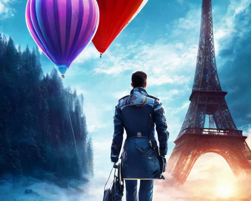 Person admires Eiffel Tower under colorful sky with hot air balloons in misty ambiance