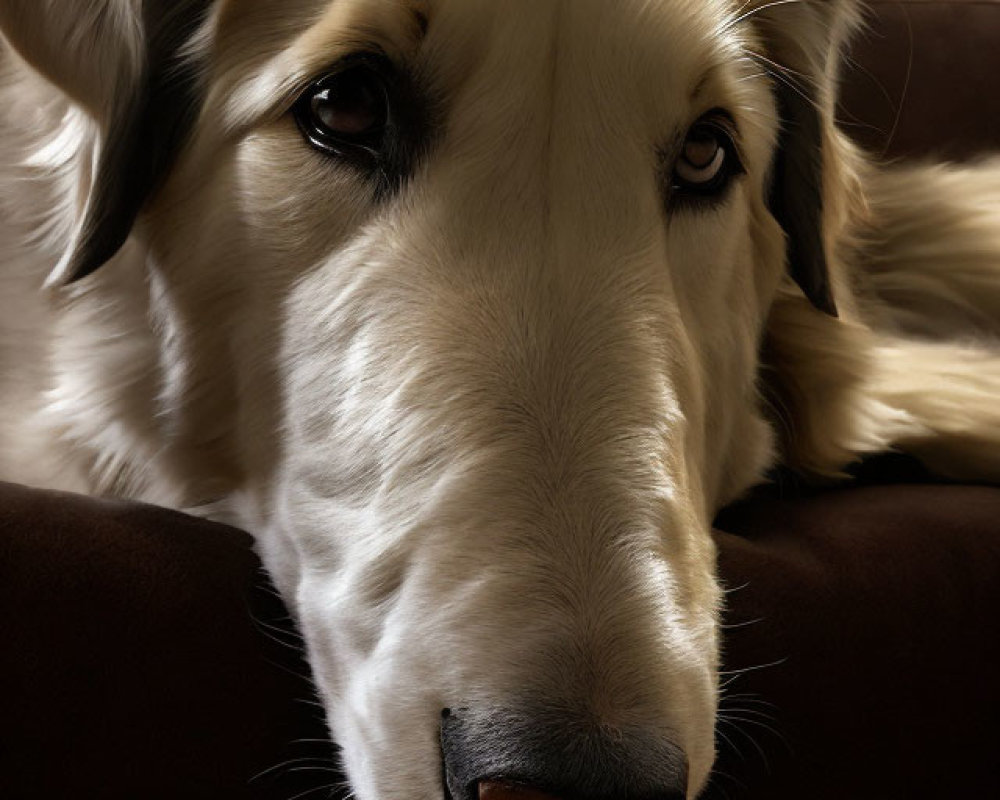 Long-furred dog with dark eyes and black nose in close-up shot