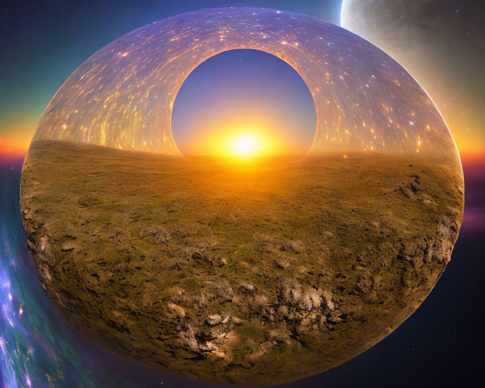 Ring-shaped structure on celestial body with setting sun, planet, and cosmos.