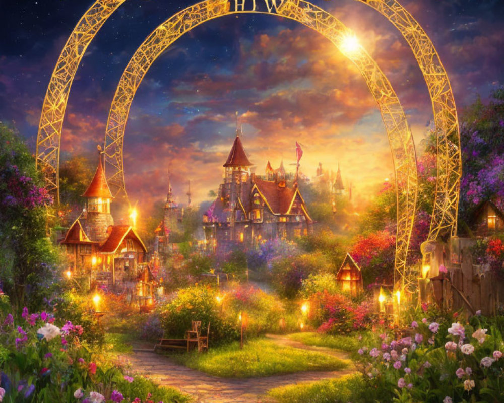 Fantasy landscape at dusk with golden arch, cottages, castle, gardens.