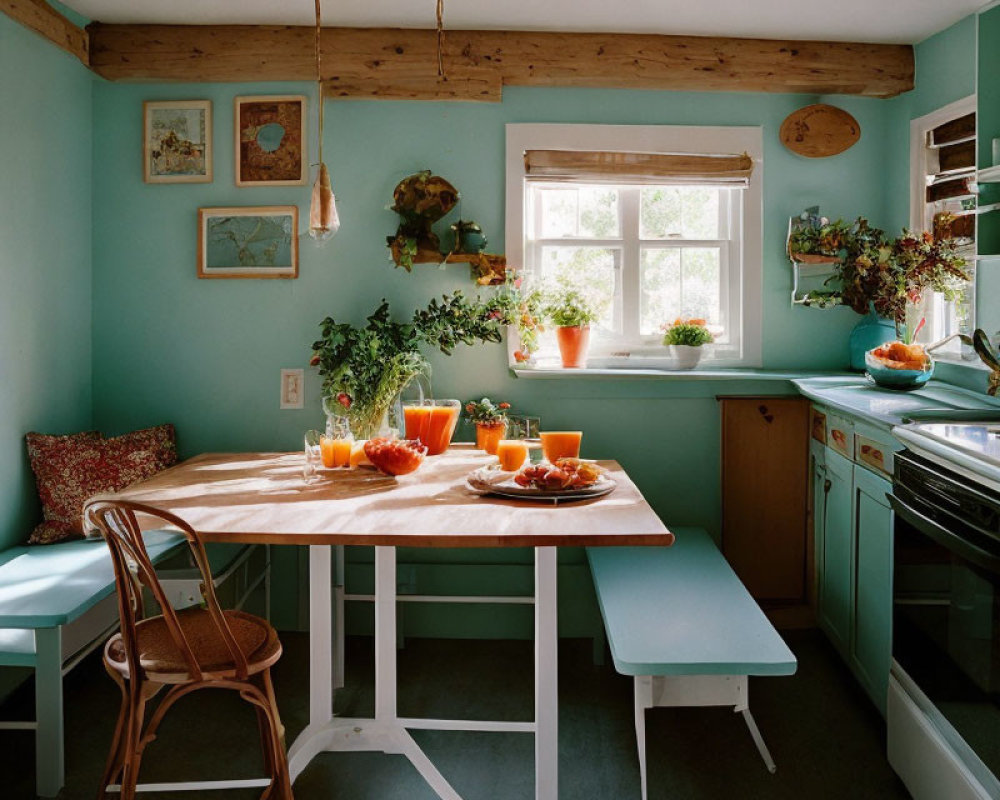 Soothing Turquoise Kitchen Nook with Wooden Accents and Breakfast Table