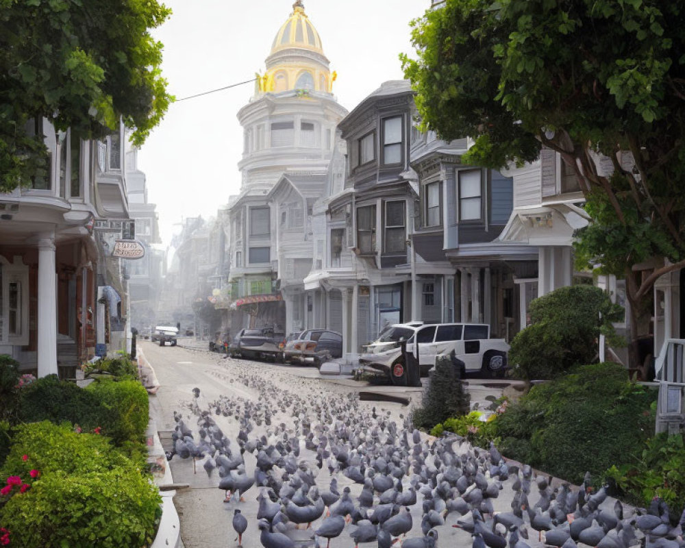 Flock of pigeons in city street with Victorian houses and domed building