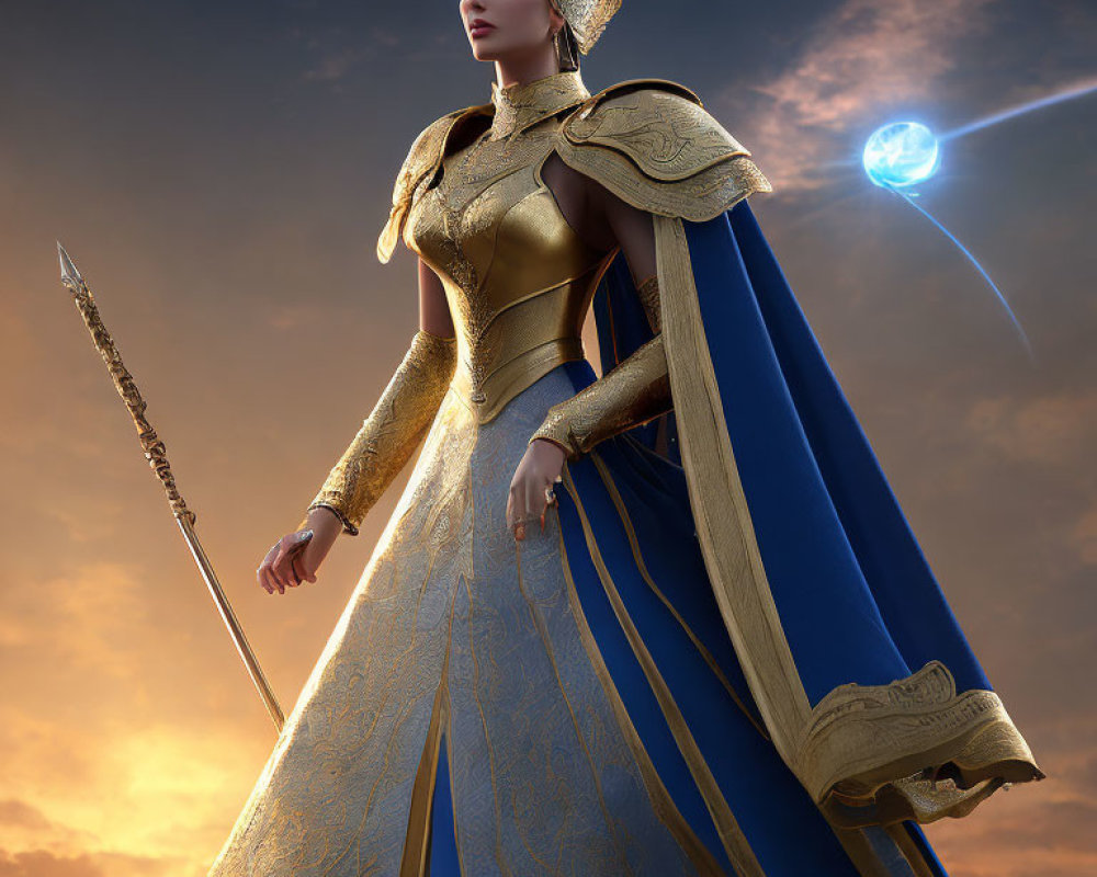 Female Warrior in Golden Armor and Blue Cape with Spear and Mystical Light