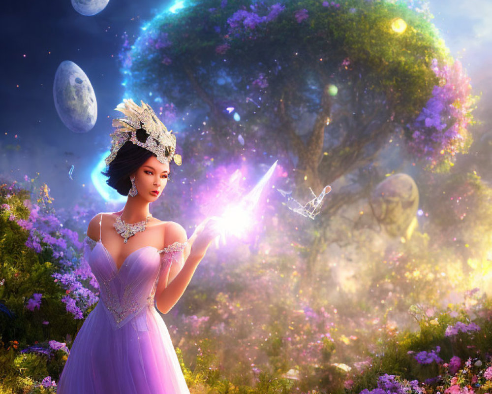 Fantastical landscape with radiant woman in purple gown reaching for magical light