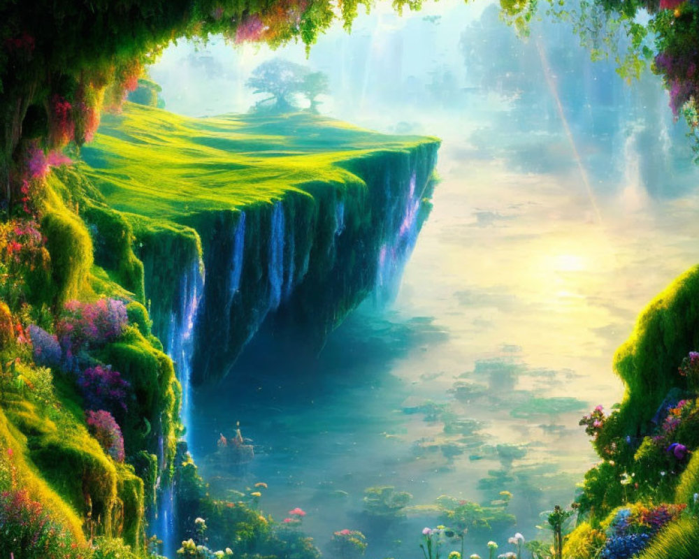 Colorful fantasy landscape with overhanging cliff and waterfalls