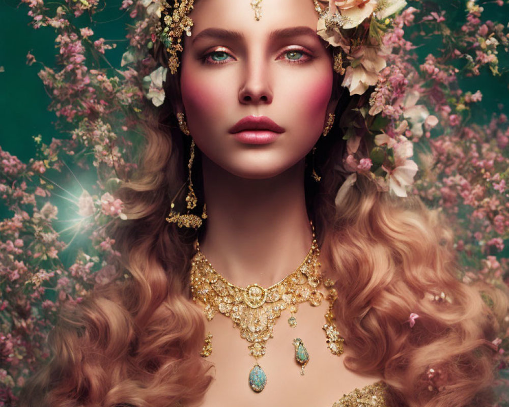 Woman with golden floral jewelry in lush flower backdrop