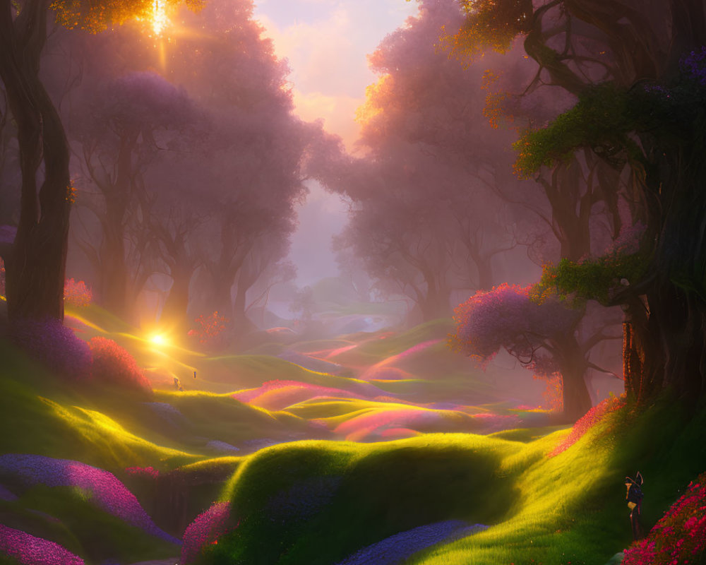 Enchanting sunlit forest with misty trees and purple flowers