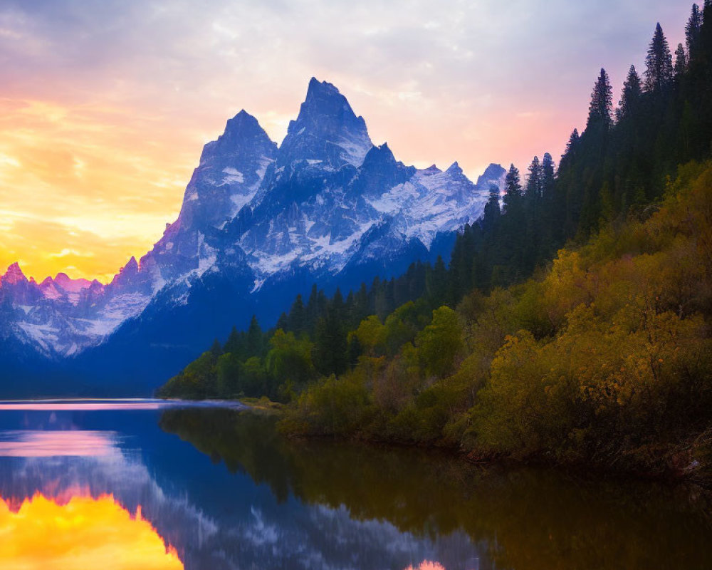 Tranquil sunset over calm lake with snow-capped mountains