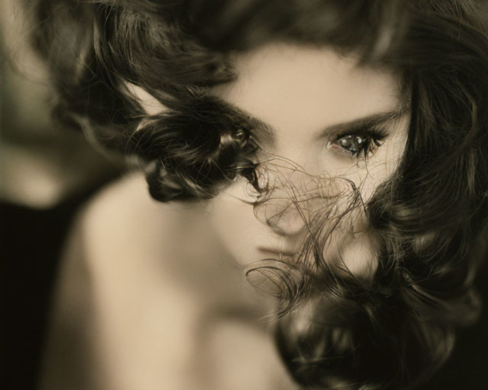 Monochrome close-up photo of person with curly hair and intense gaze