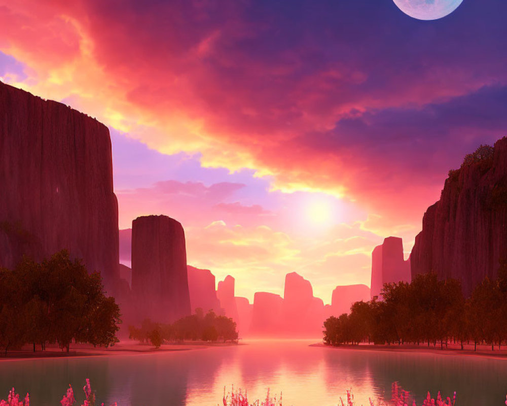 Scenic landscape with towering cliffs, serene river, pink flora, under dramatic sunset and moon