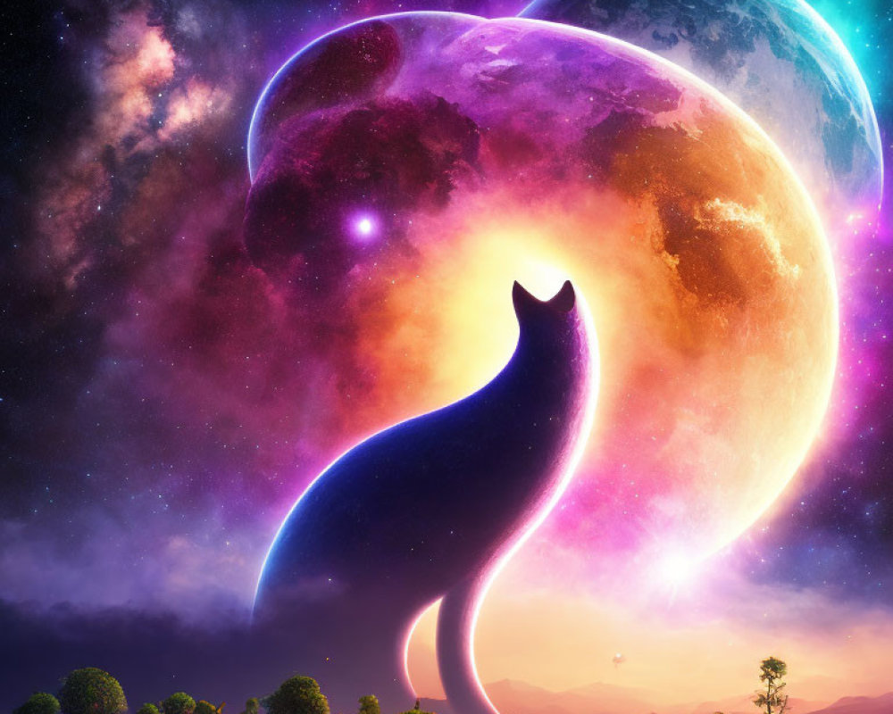 Silhouetted cat under surreal sky with colorful planets and stars in twilight landscape