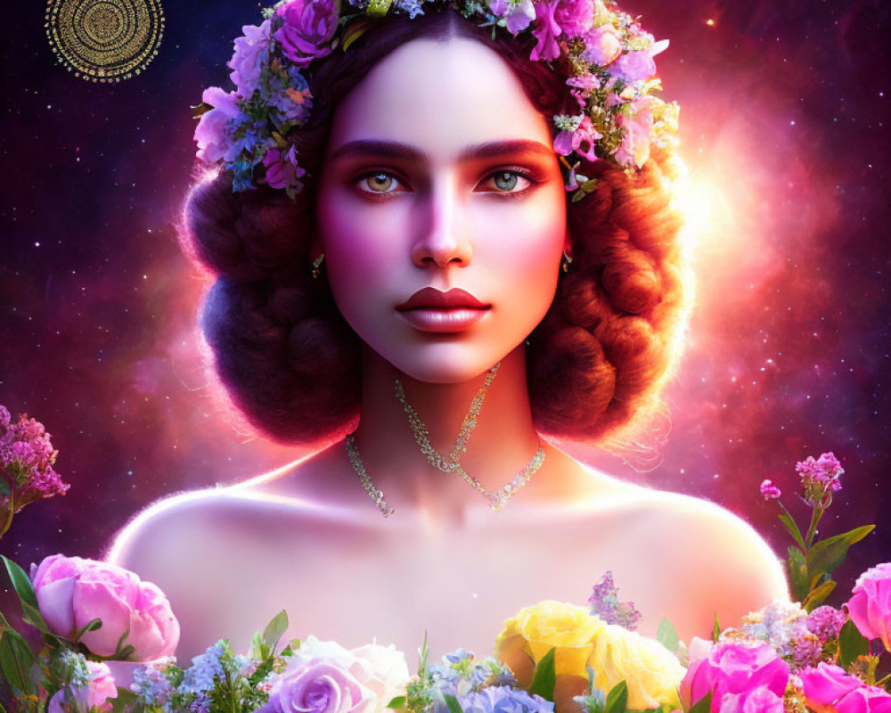 Fantasy portrait of woman with floral crown in cosmic setting