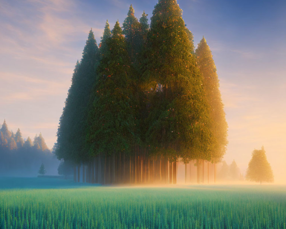 Tranquil dawn landscape with tall trees, warm light, mist, and gradient sky