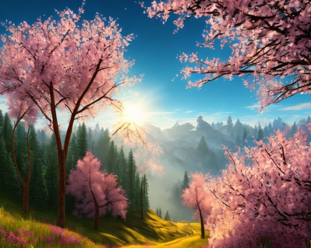 Vibrant sunrise over cherry blossom forest and mountain landscape