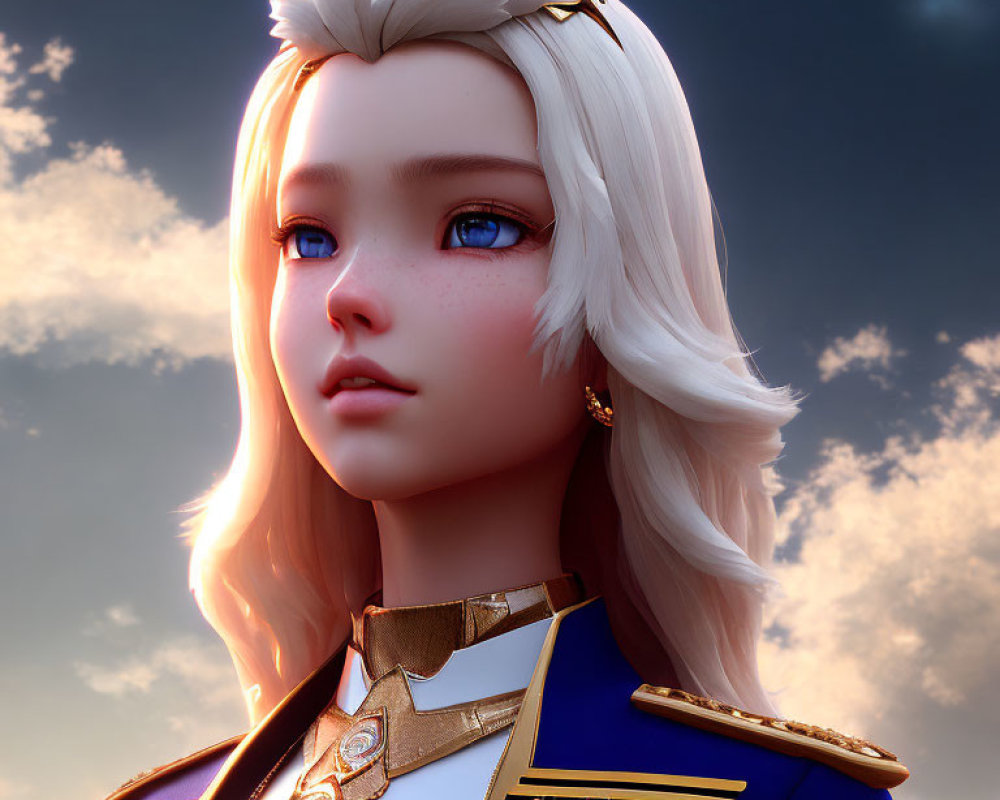 3D-rendered image of girl with white hair and blue eyes in military-style uniform