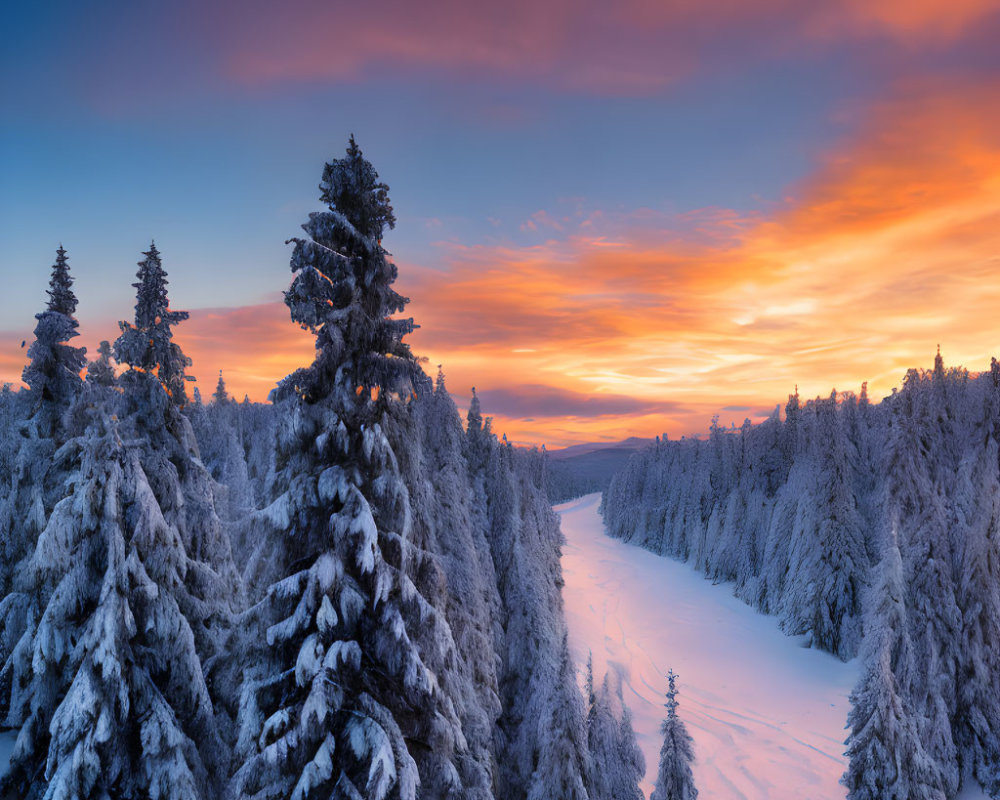 Snow-covered forest under fiery winter sunset skies