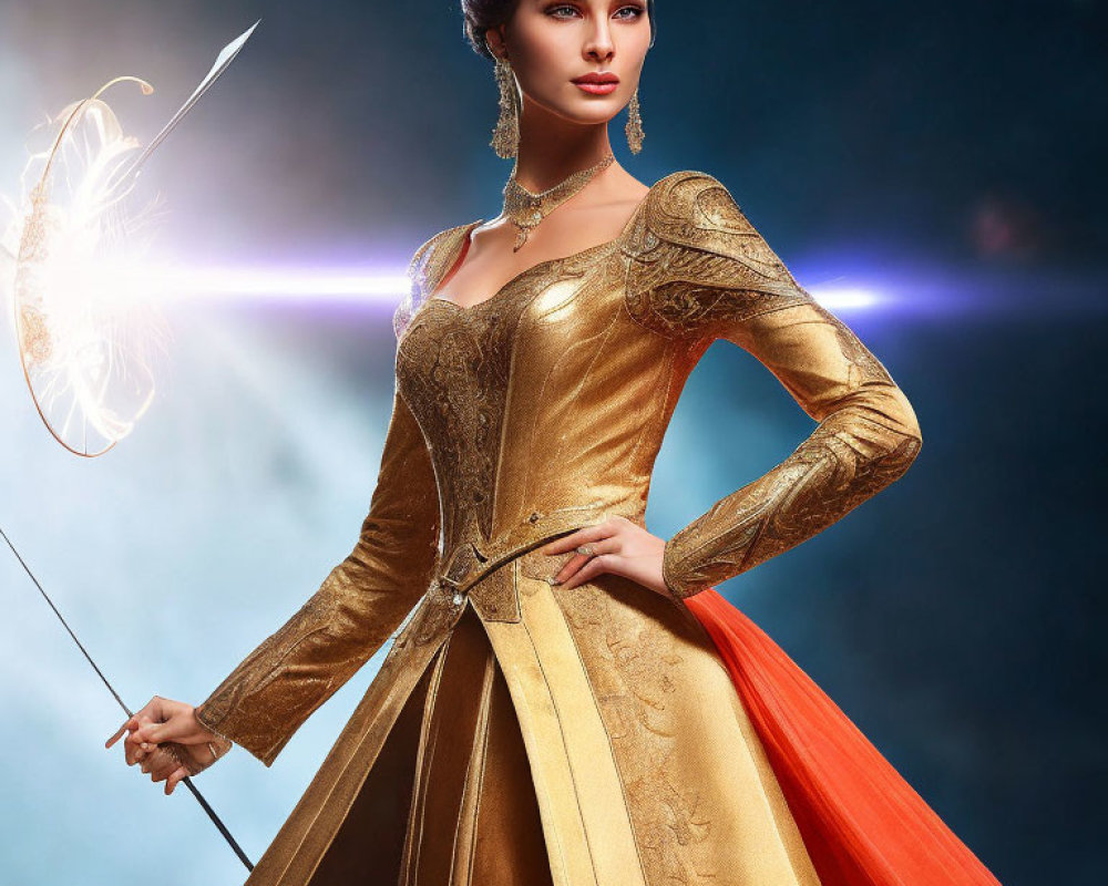 Regal woman in gold medieval dress with sword and glowing butterfly