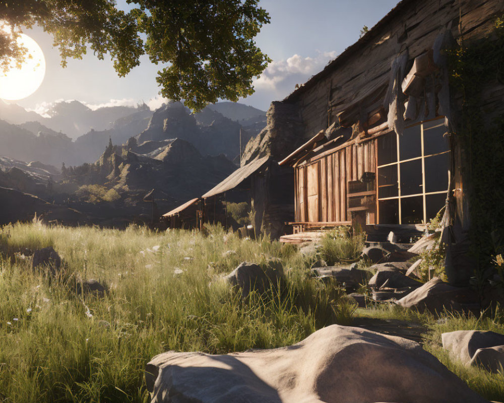 Rustic wooden cabin with large windows in grassy fields and mountain backdrop.