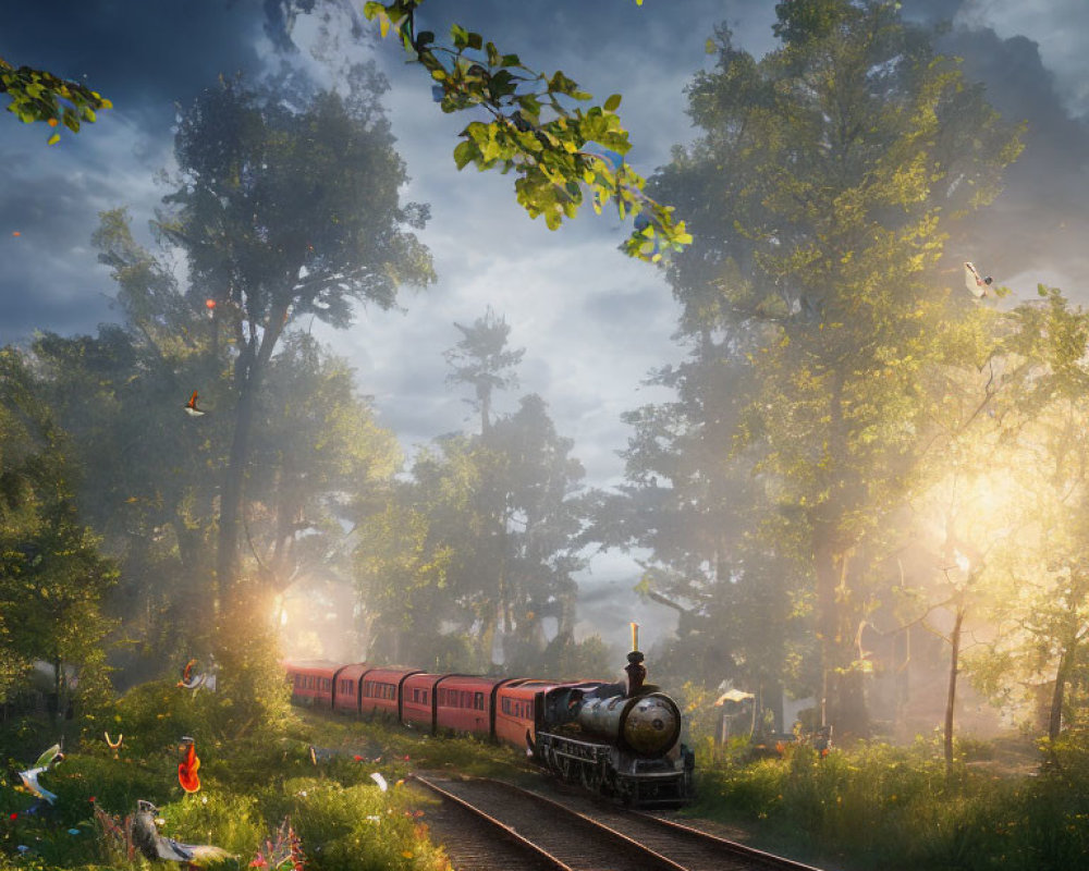 Scenic vintage train in forest with sunbeams, flowers, and butterflies