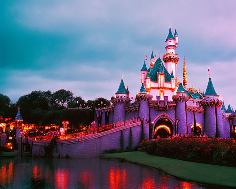 Majestic fairytale castle with illuminated spires by tranquil water at dusk