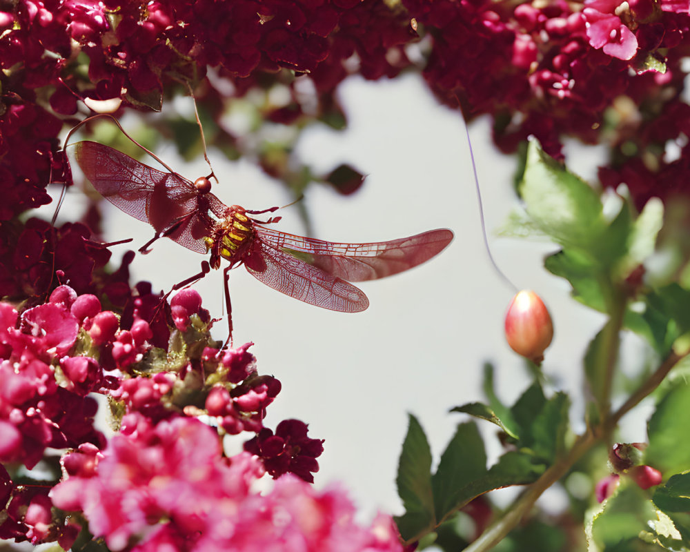 Dragonfly on pink flowers under sunny sky with green leaves and berry.