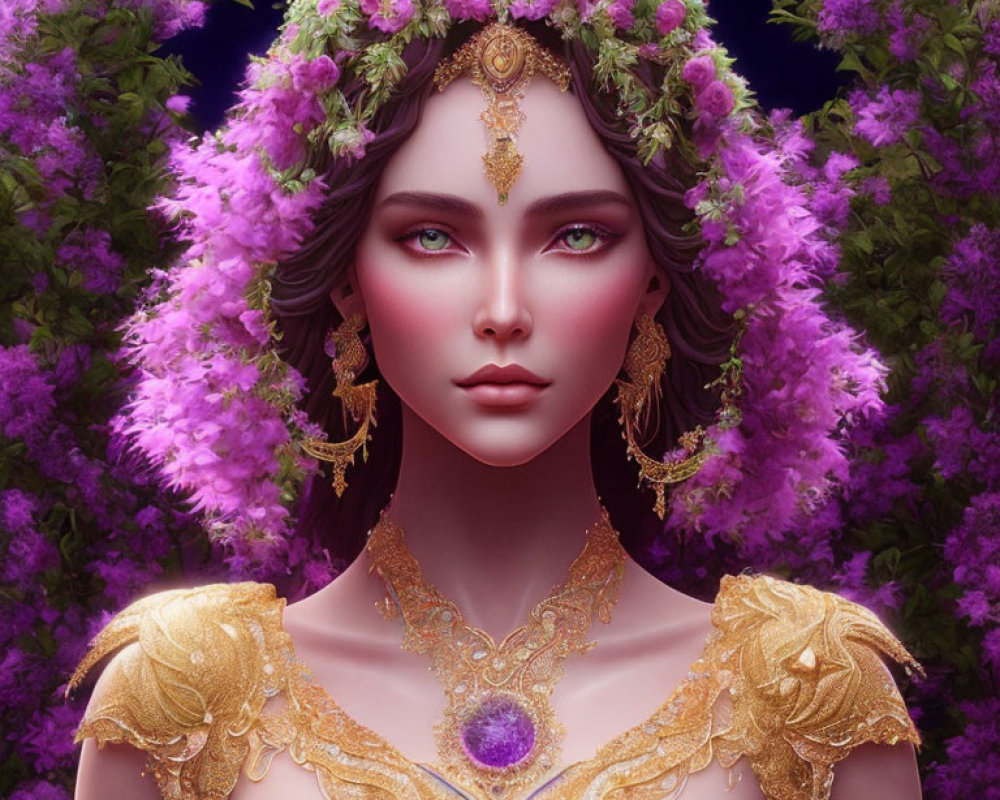 Digital Artwork: Woman in Gold Attire with Floral Crown in Purple Flower Setting