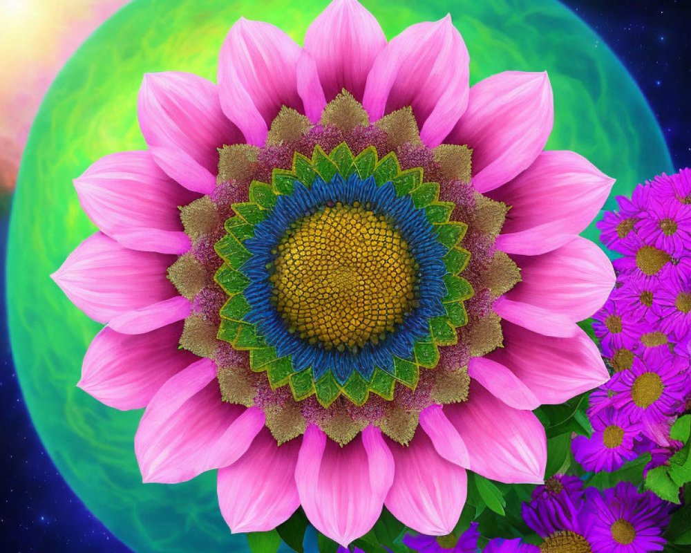 Colorful digital artwork: Pink sunflower on green planet with starry sky