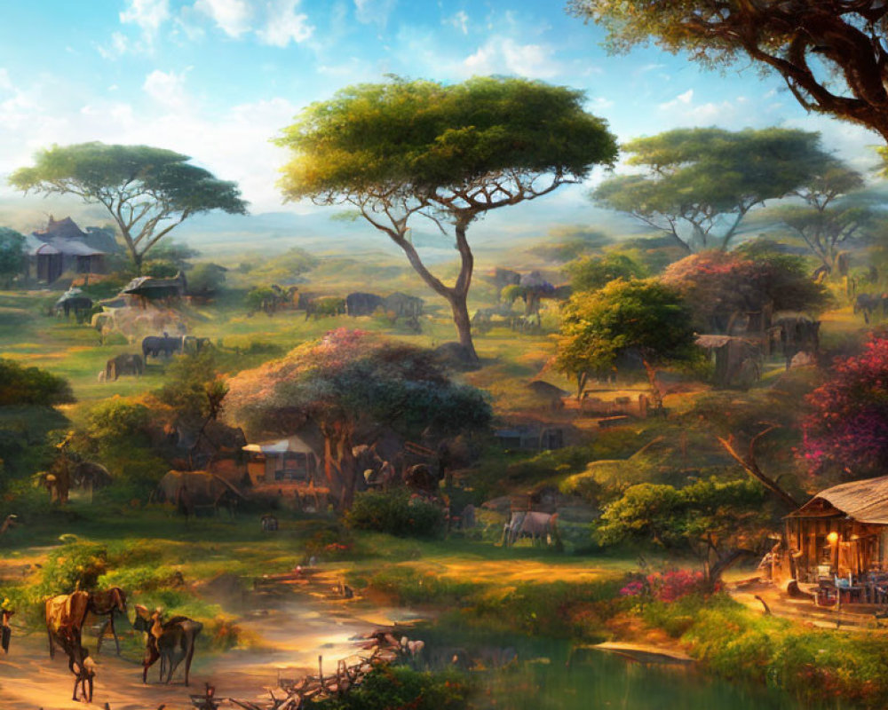 African landscape with village, elephants, and people under warm sunlight