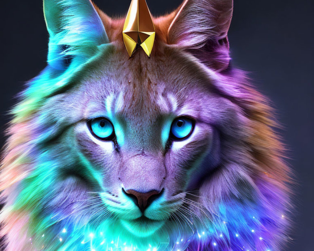 Colorful digital portrait of a mystical lion with neon rainbow mane and golden crown