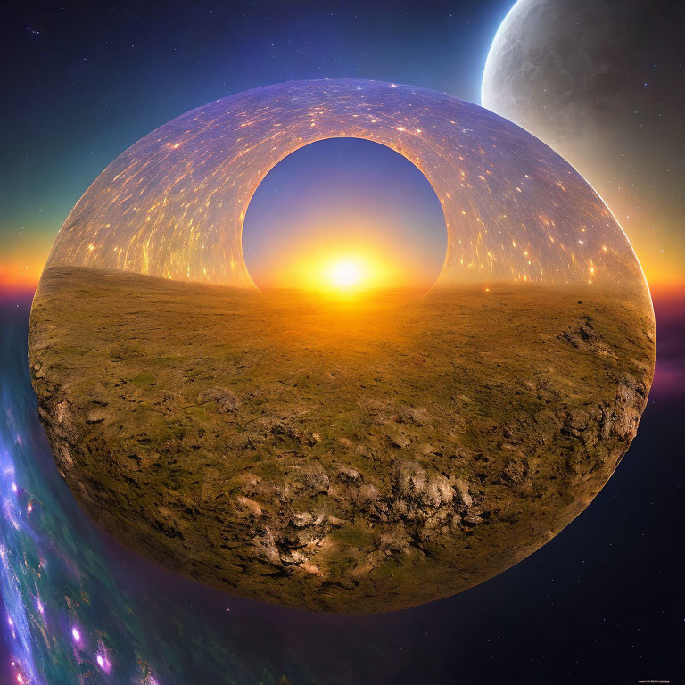 Ring-shaped structure on celestial body with setting sun, planet, and cosmos.