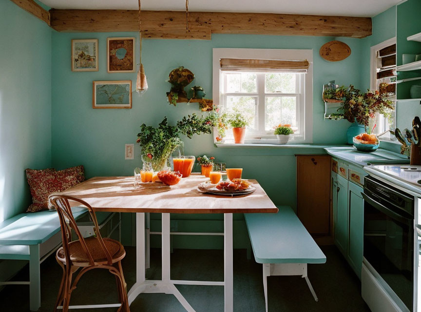 Soothing Turquoise Kitchen Nook with Wooden Accents and Breakfast Table