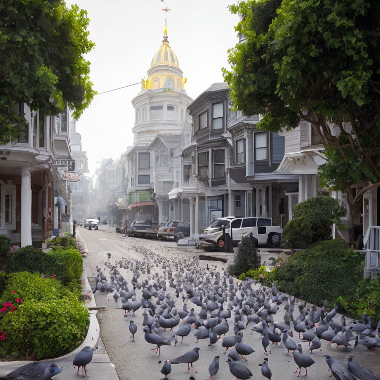 Flock of pigeons in city street with Victorian houses and domed building