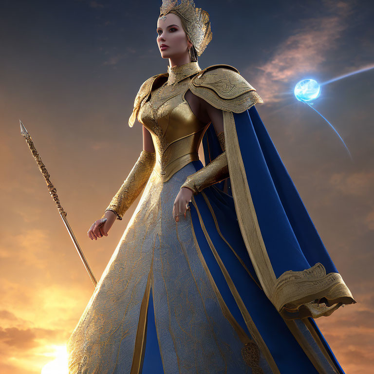 Female Warrior in Golden Armor and Blue Cape with Spear and Mystical Light