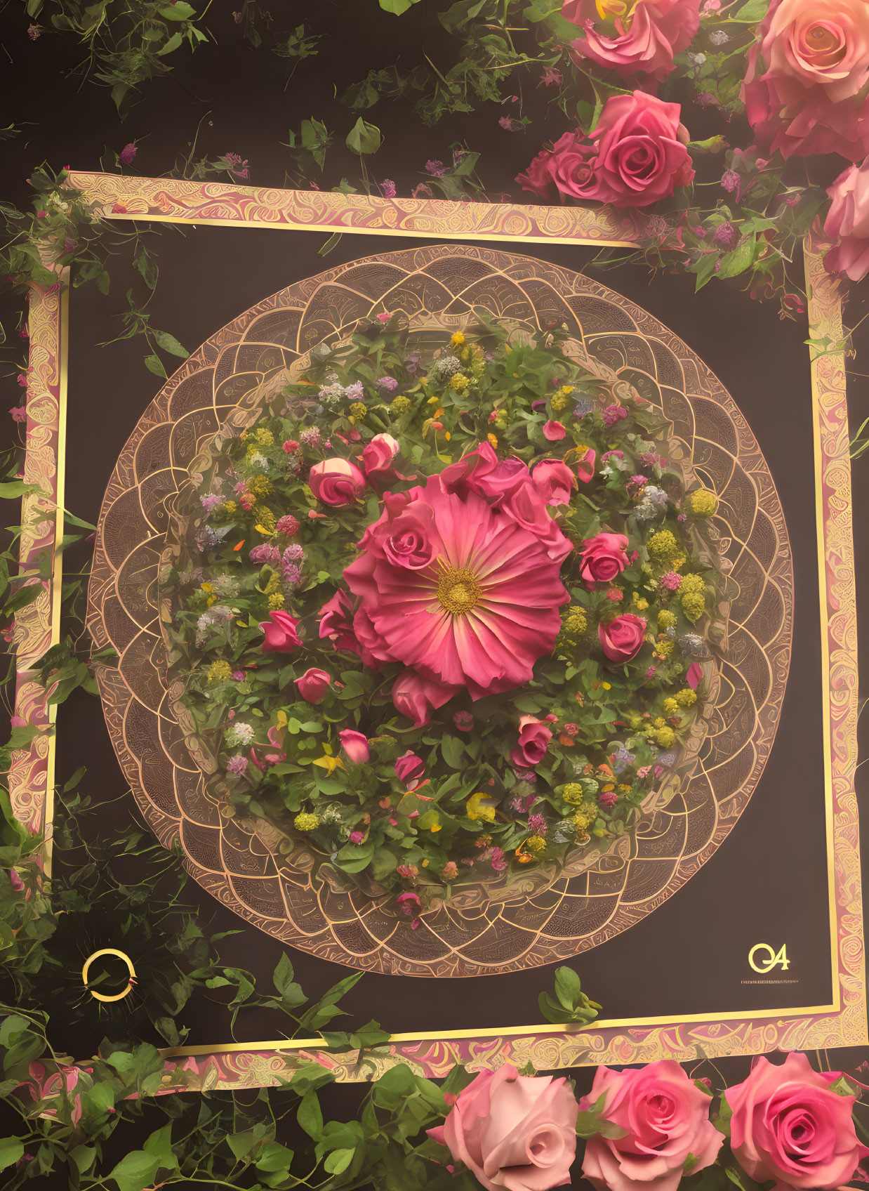 Golden frame encases vibrant pink roses on dark background with delicate floral motifs