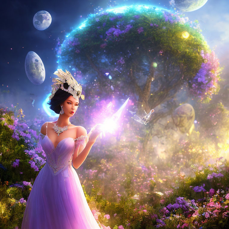 Fantastical landscape with radiant woman in purple gown reaching for magical light