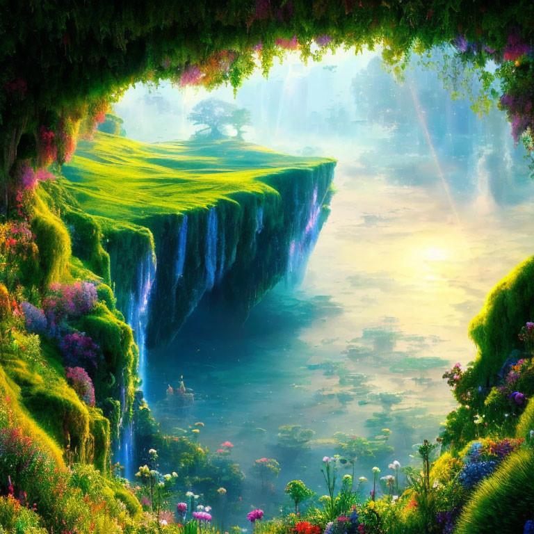 Colorful fantasy landscape with overhanging cliff and waterfalls