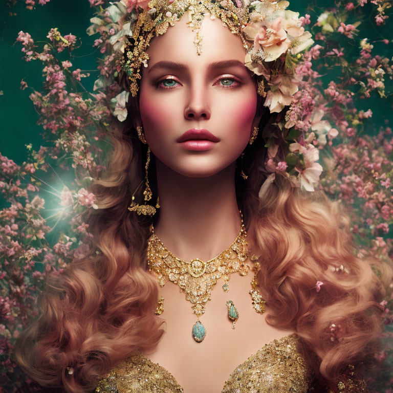 Woman with golden floral jewelry in lush flower backdrop