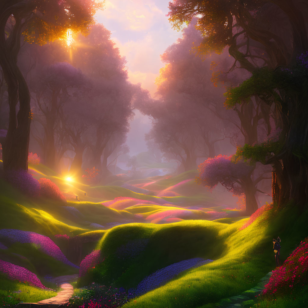 Enchanting sunlit forest with misty trees and purple flowers