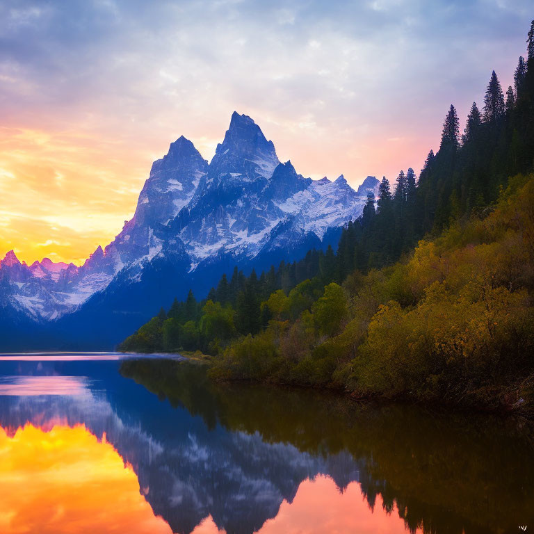 Tranquil sunset over calm lake with snow-capped mountains