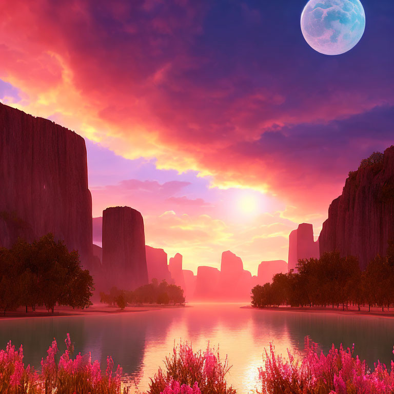 Scenic landscape with towering cliffs, serene river, pink flora, under dramatic sunset and moon