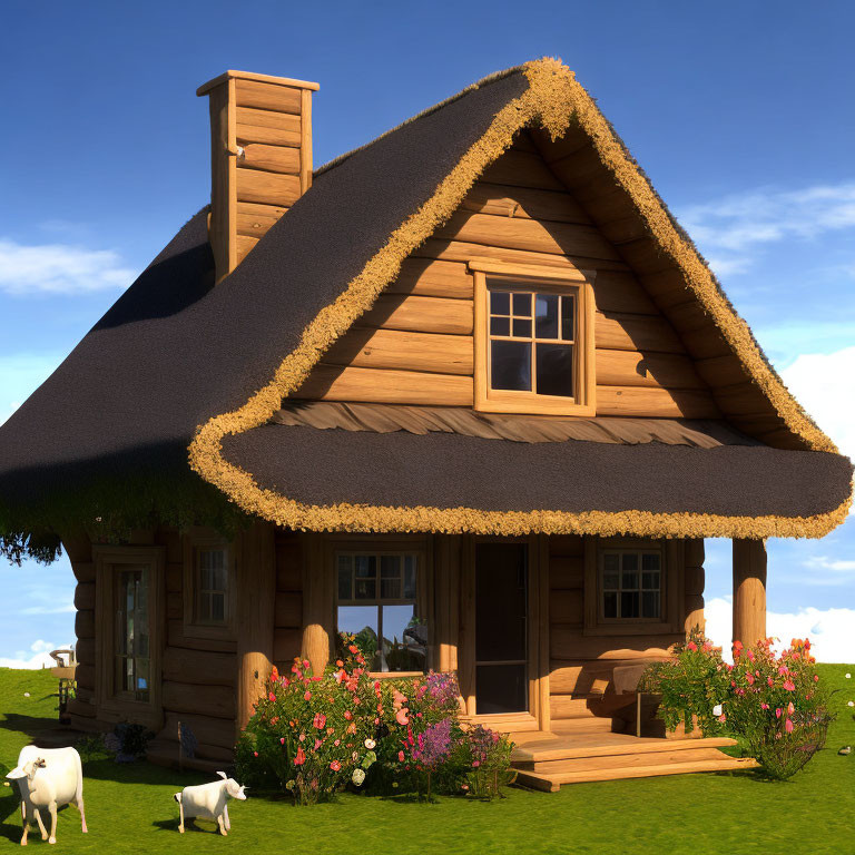 Thatched Roof Wooden Cottage with Goats in Green Landscape