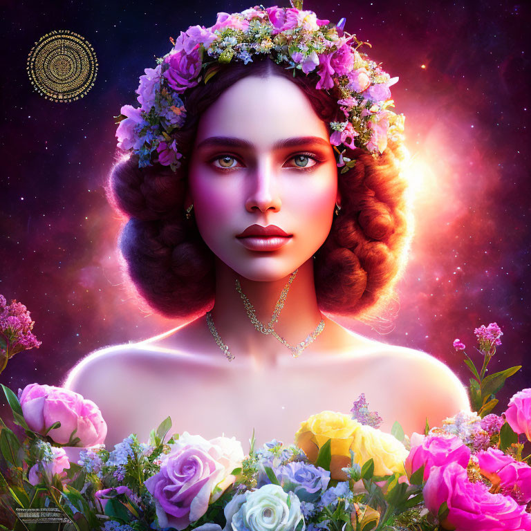 Fantasy portrait of woman with floral crown in cosmic setting