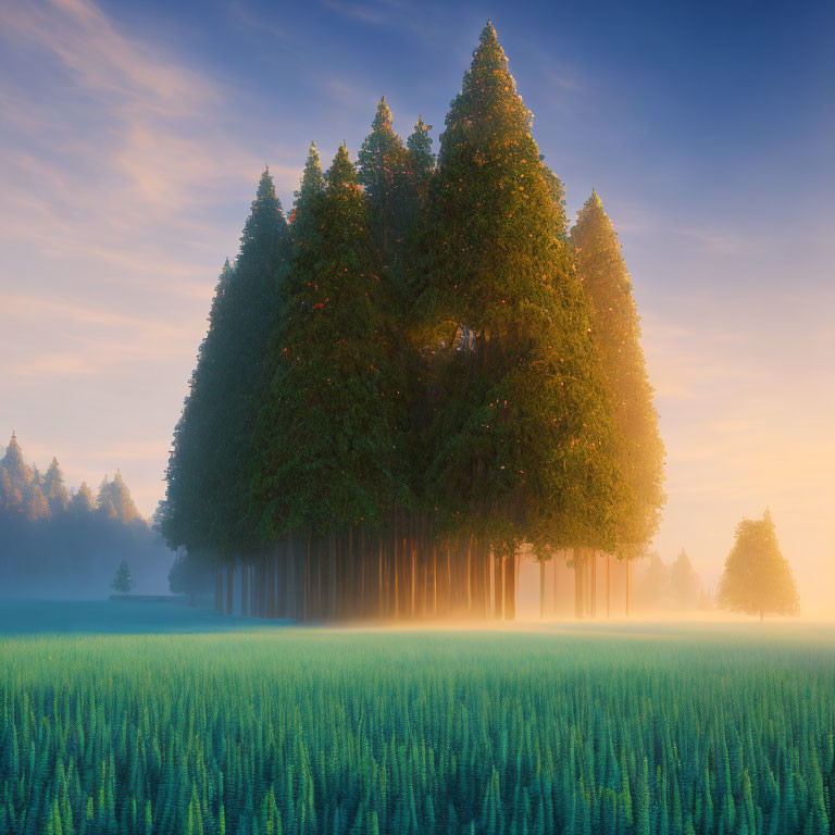 Tranquil dawn landscape with tall trees, warm light, mist, and gradient sky