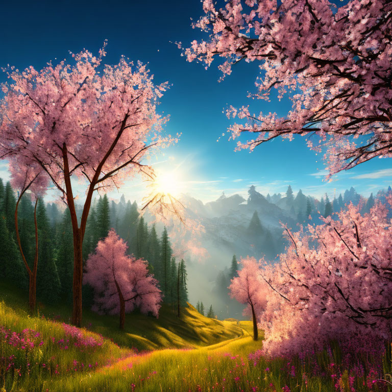 Vibrant sunrise over cherry blossom forest and mountain landscape