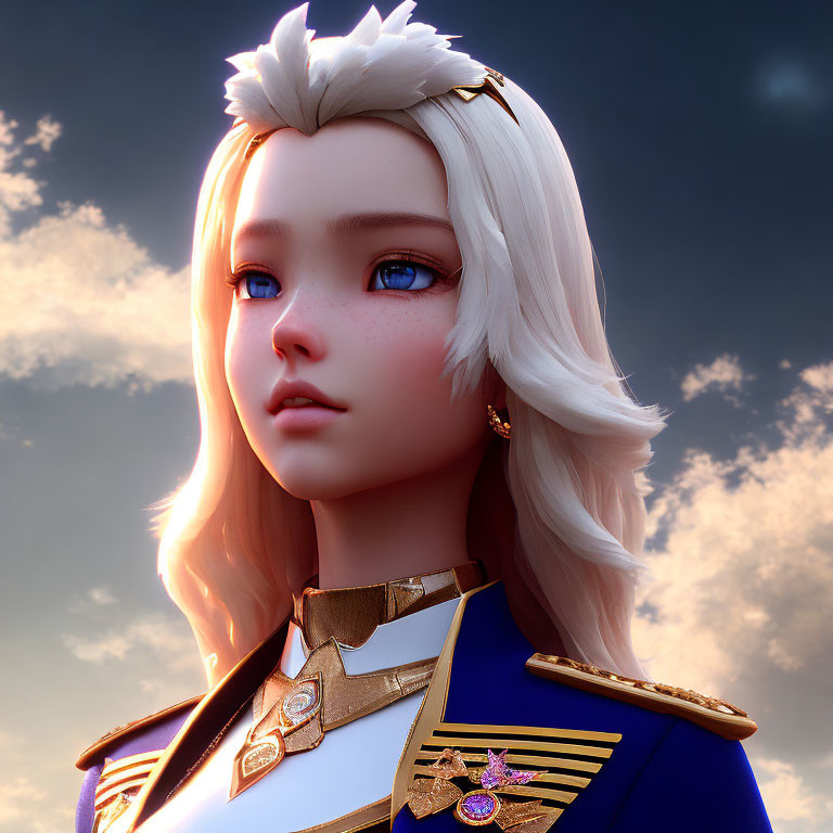 3D-rendered image of girl with white hair and blue eyes in military-style uniform