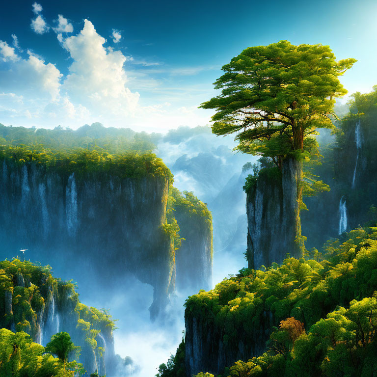 Steep cliffs with lush greenery and waterfalls in warm sunlight