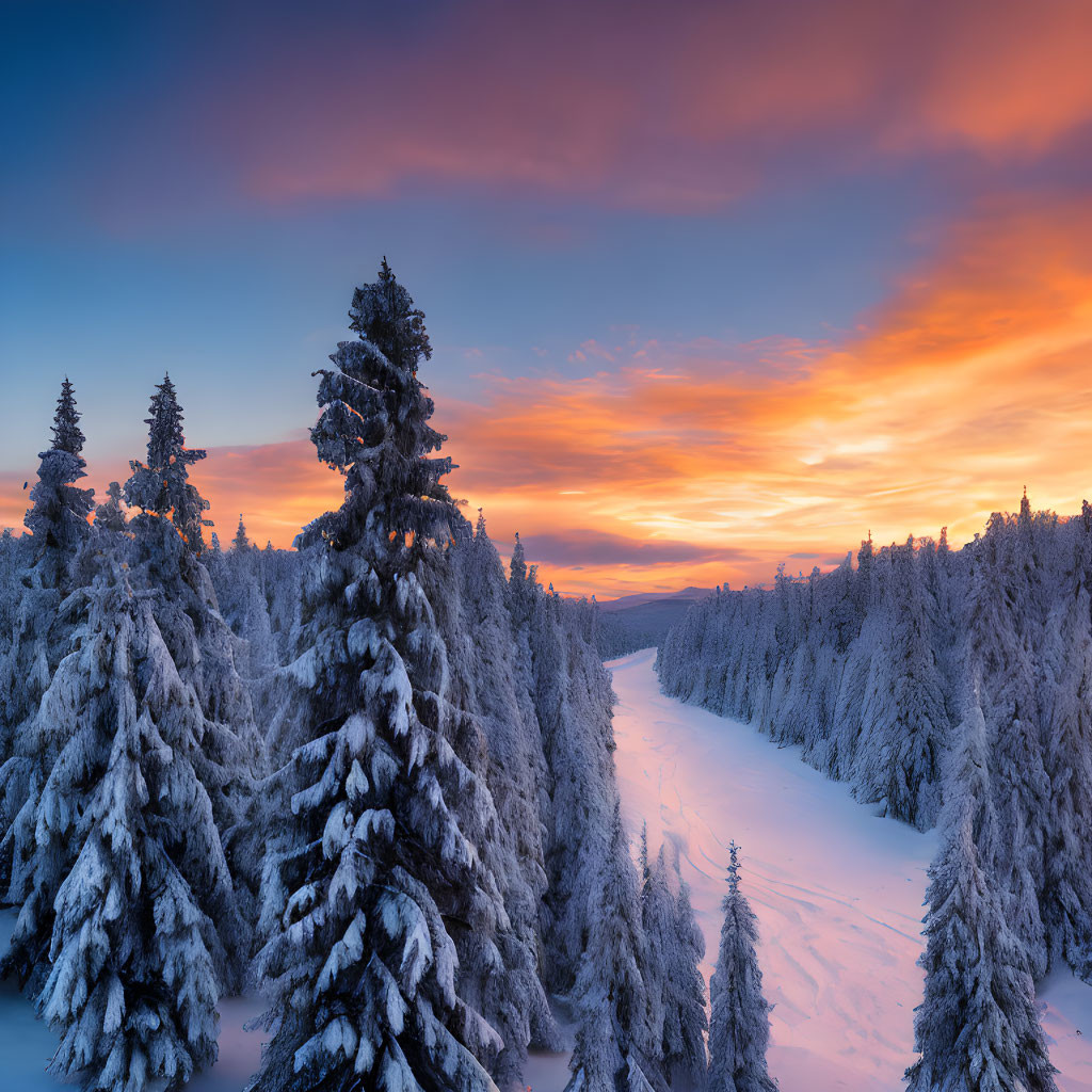 Snow-covered forest under fiery winter sunset skies